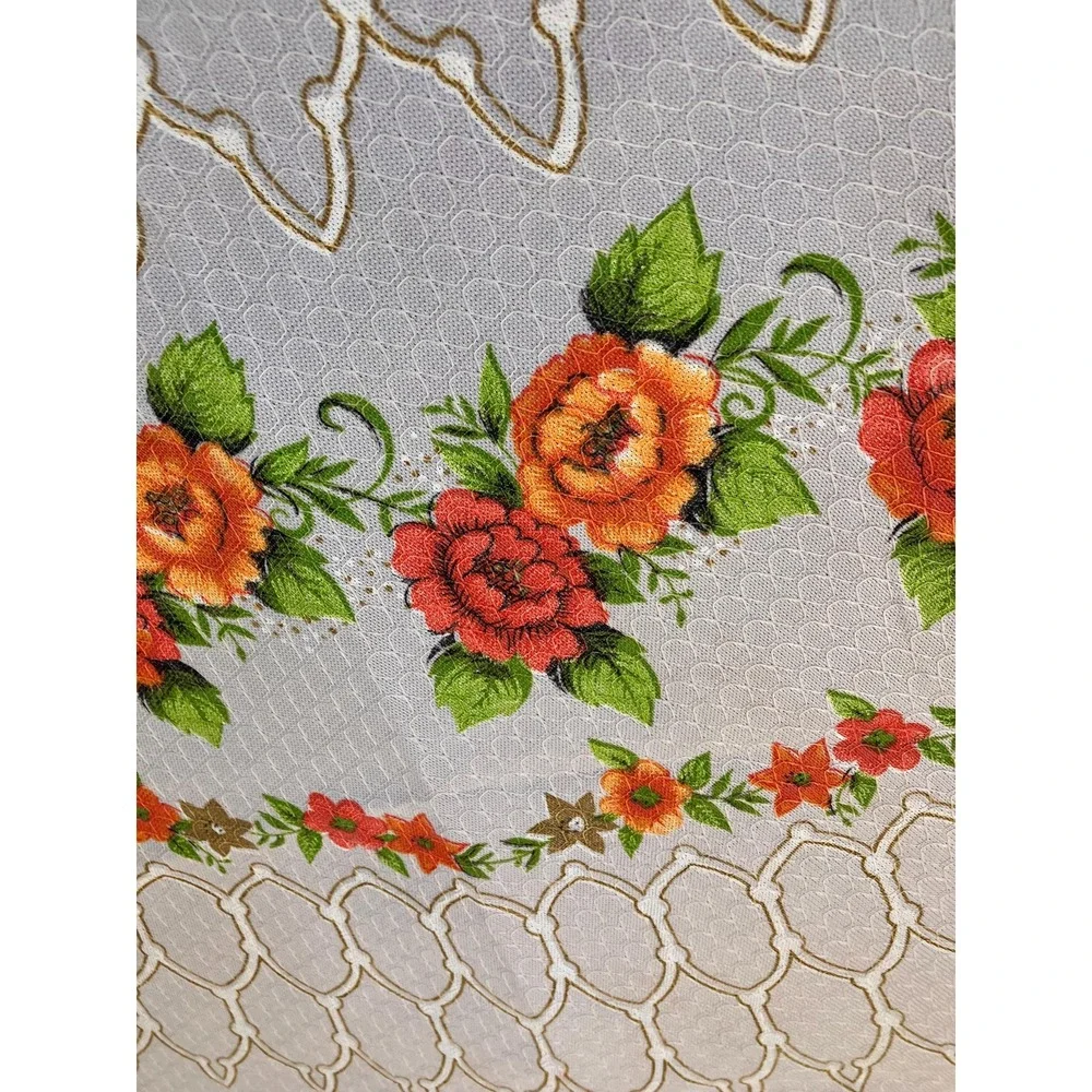 Vintage Mid Century Round Tablecloth Scalloped Edge Orange Red Roses, MCM Fall